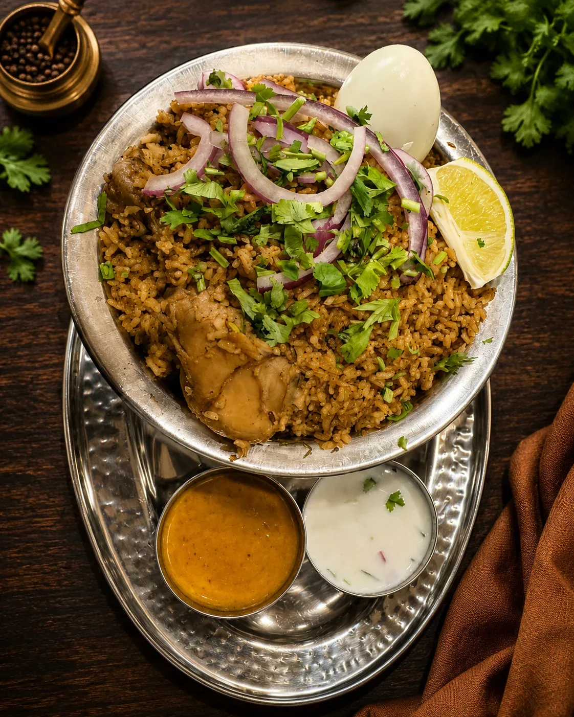 Thalapakatti chicken biryani at Chennai 2 Hyderabad, Mira Mesa — seeraga samba rice served with salna and raita